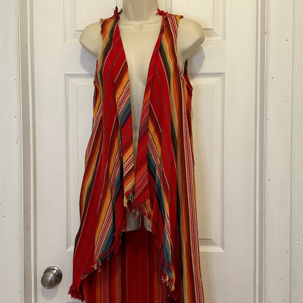L&B Long Vest with Red Serape Stripe and Fringed edges - Size L